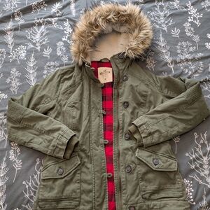 Hollister Olive Parka with Faux Fur and Red Plaid Lining